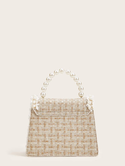 Tweed shoulder bag with faux pearl decoration