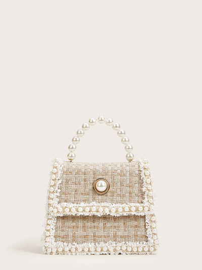 Tweed shoulder bag with faux pearl decoration