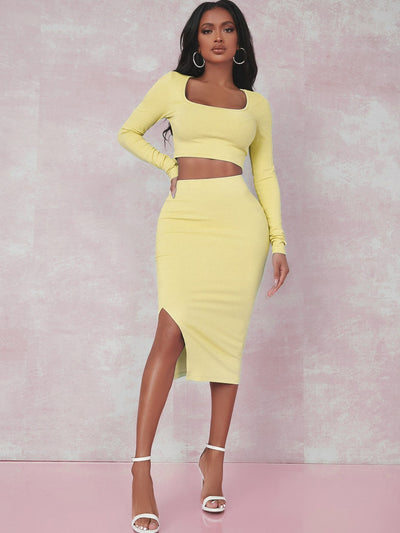 Crop T-Shirt &amp; Skirt Set with Slit