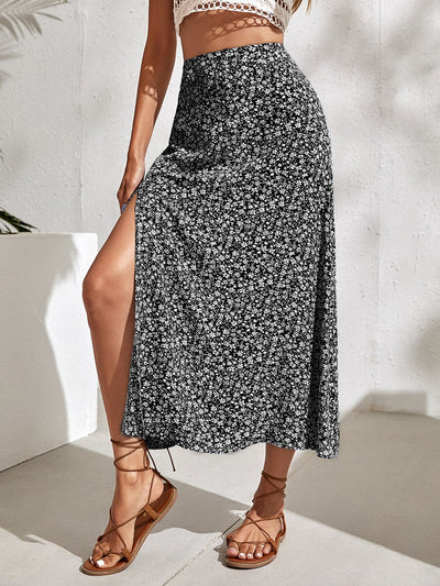 Skirt with floral pattern, slit (50% OFF)