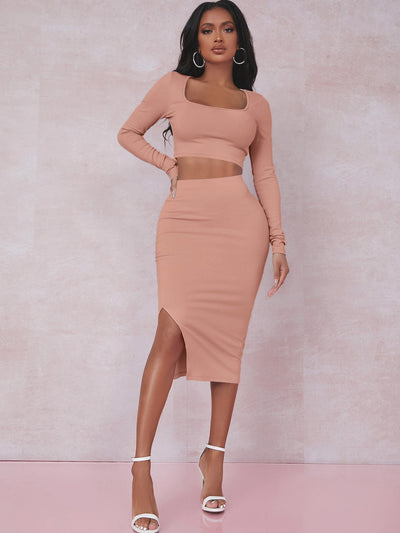 Crop T-Shirt &amp; Skirt Set with Slit