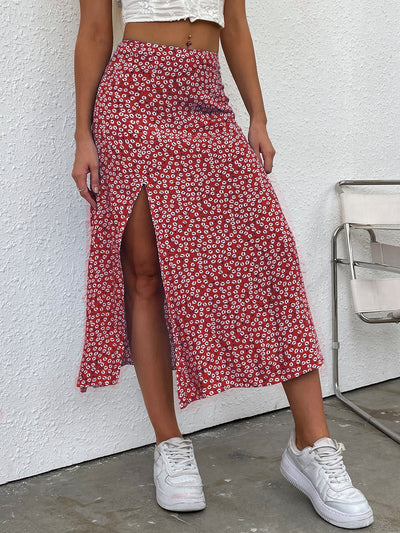 Skirt with floral pattern, slit (50% OFF)