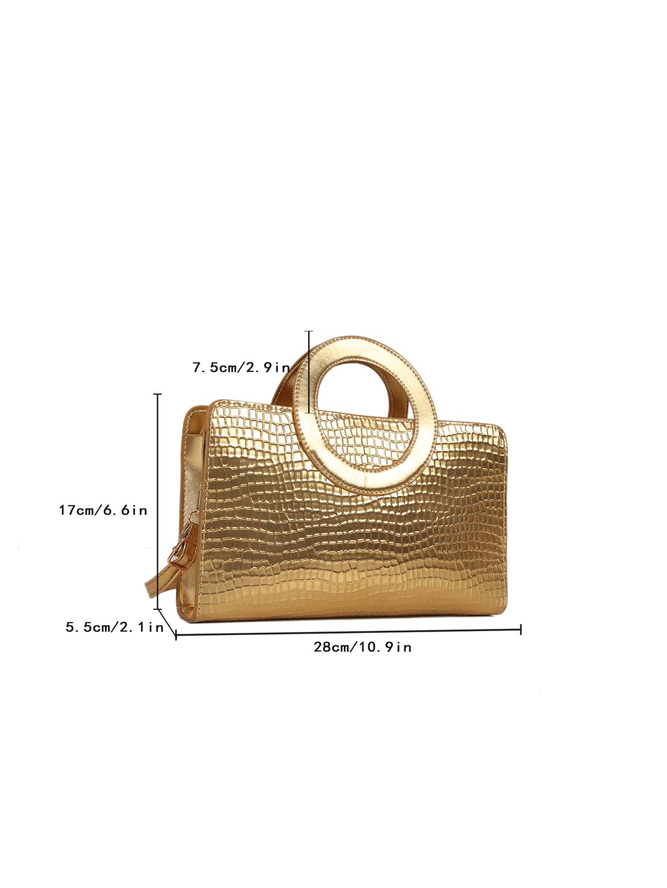 Square bag with metallic crocodile embossing, ring on top