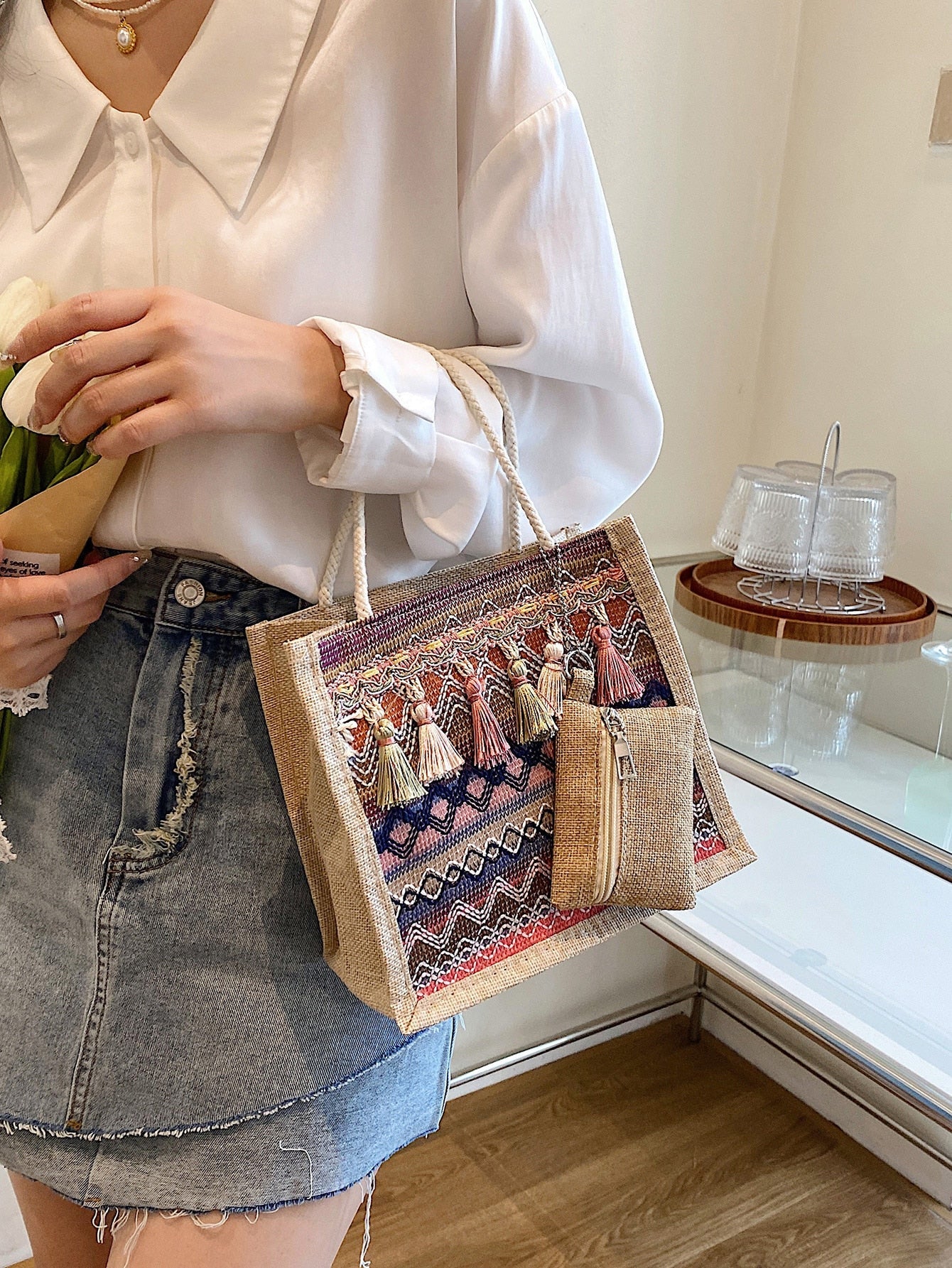 Square Bag with Geometric Pattern, Color Block, Tassel Decor, &amp; Coin Pouch