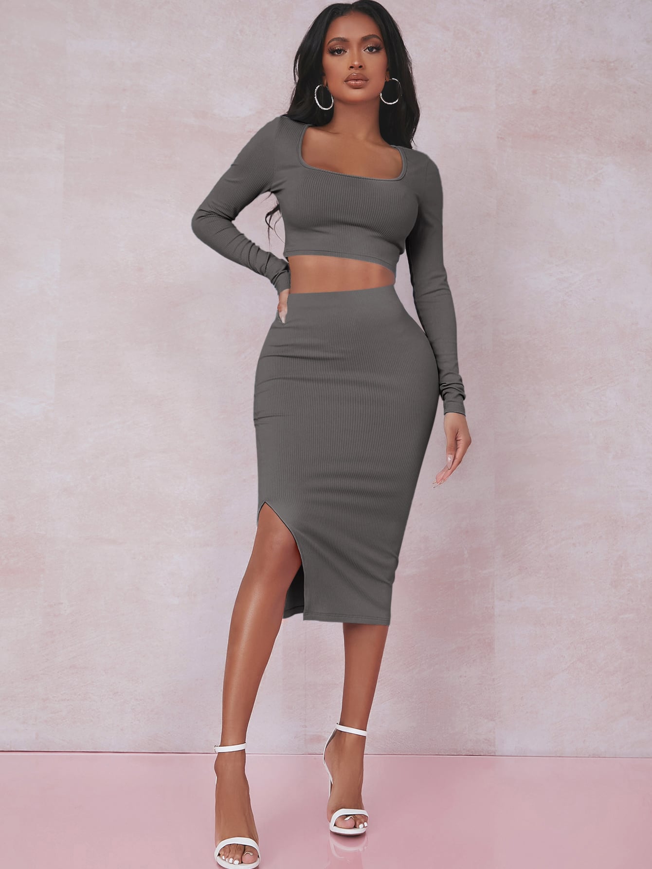 Crop T-Shirt &amp; Skirt Set with Slit