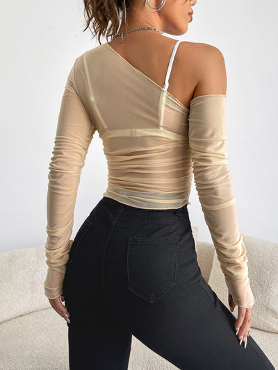 Top with asymmetric collar, transparent mesh, without bra