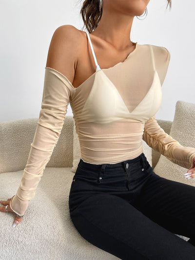 Top with asymmetric collar, transparent mesh, without bra