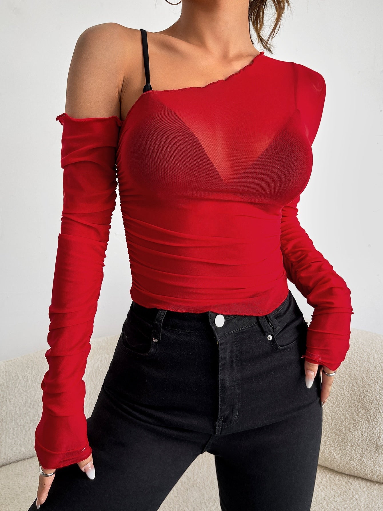 Top with asymmetric collar, transparent mesh, without bra