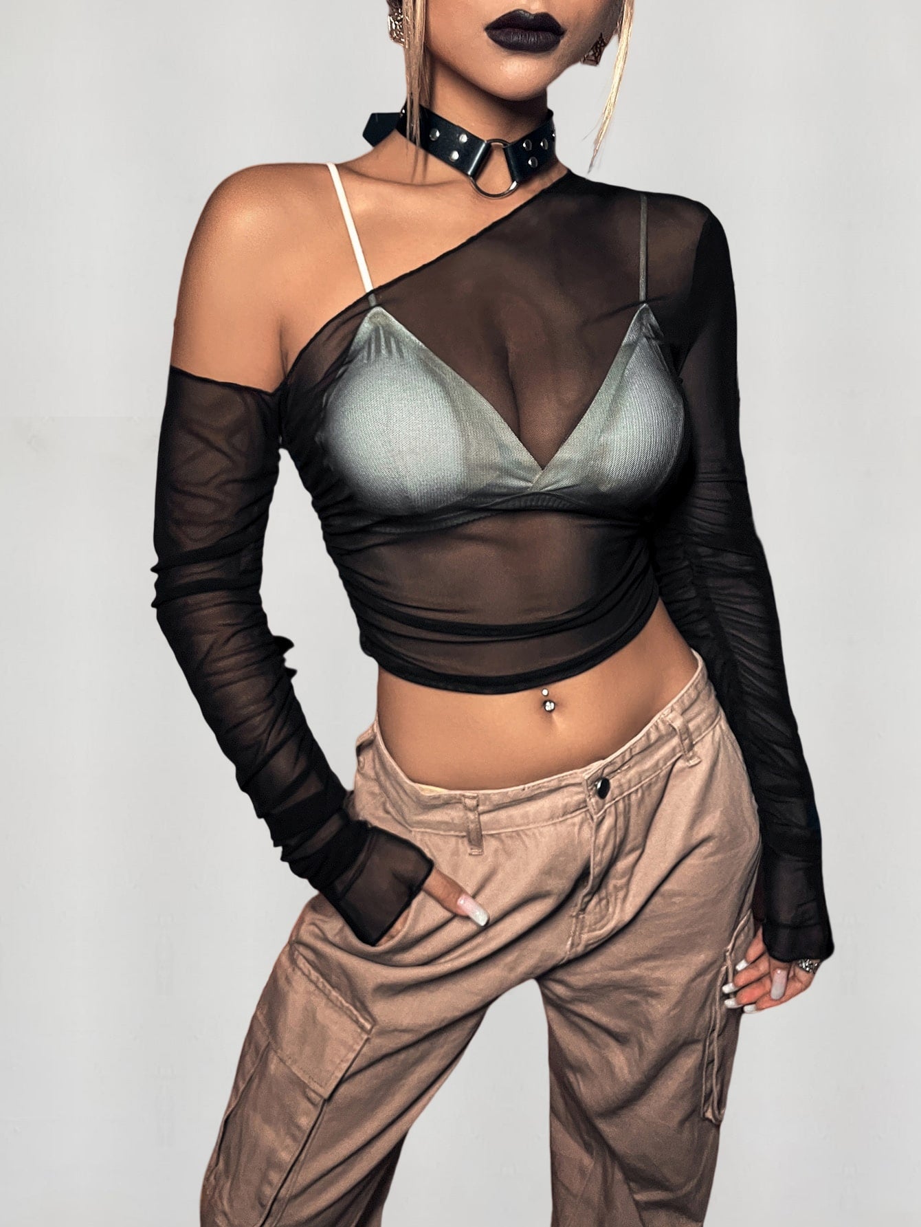 Top with asymmetric collar, transparent mesh, without bra