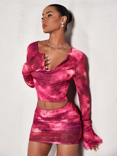 BAE Crop Top with Batik, Draped Collar, Flounce Sleeves