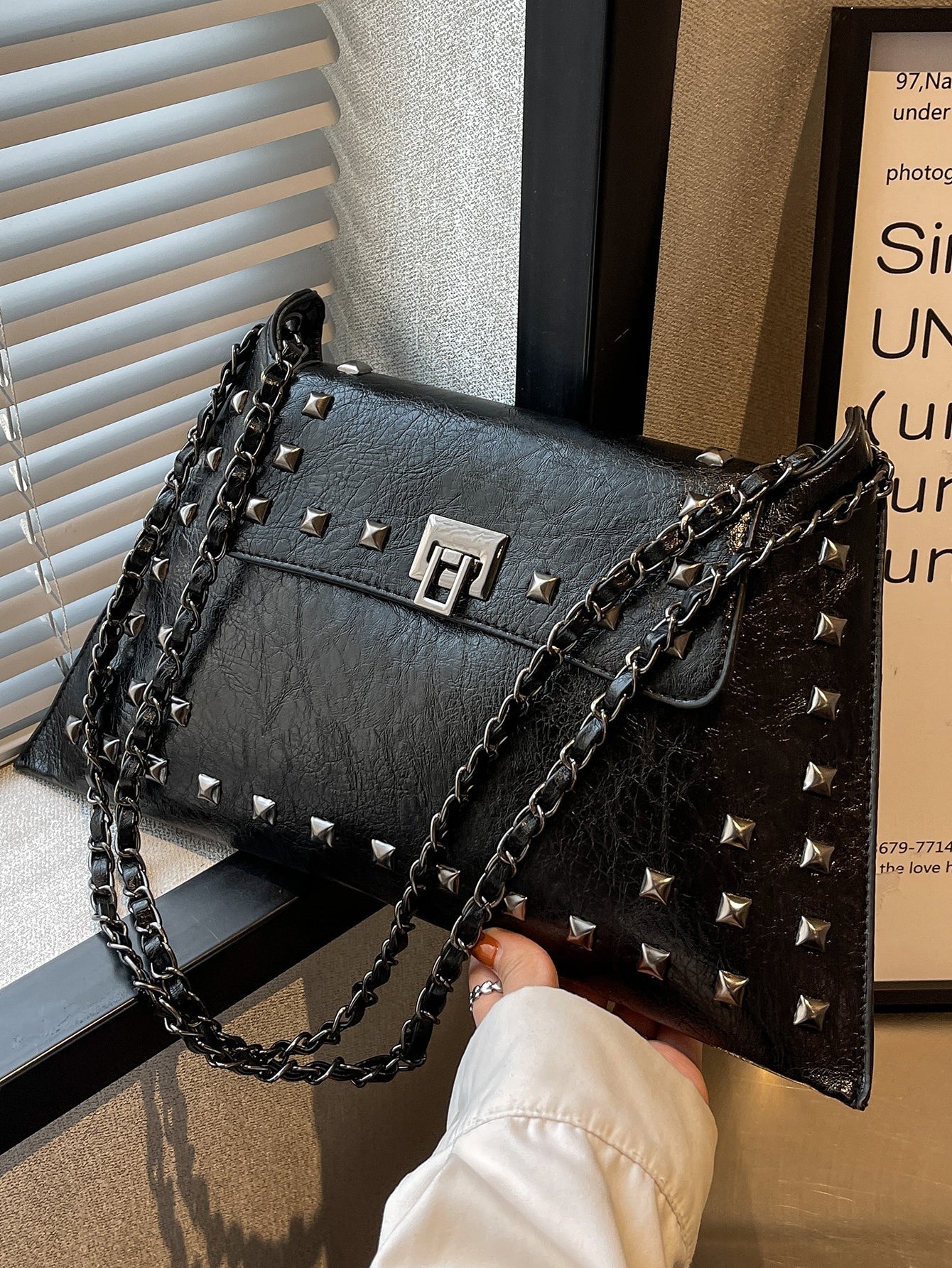 Square bag with rivet decoration, flap