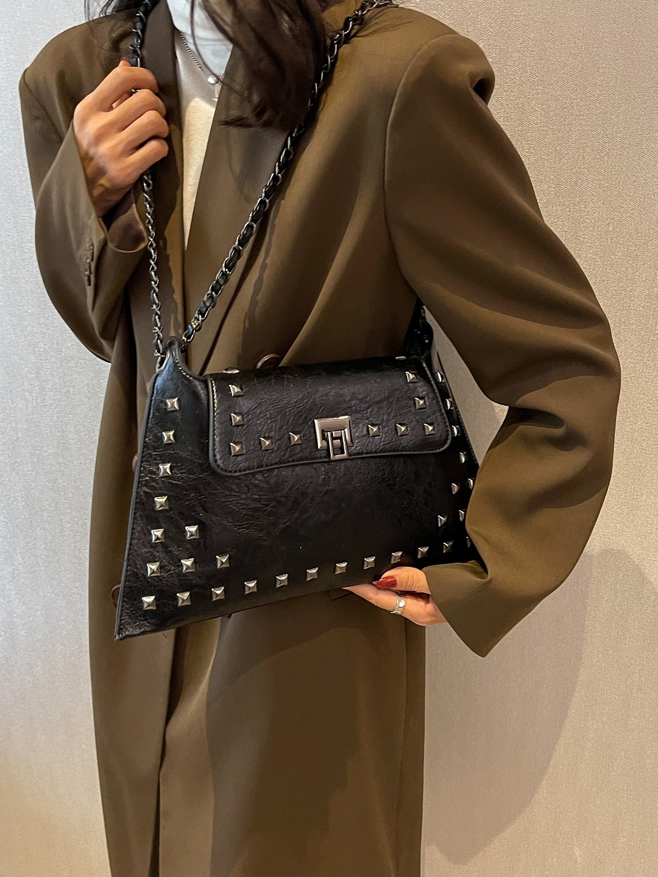 Square bag with rivet decoration, flap