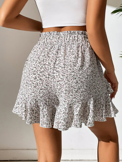 Culottes with floral pattern, ruffles, paper bag waist