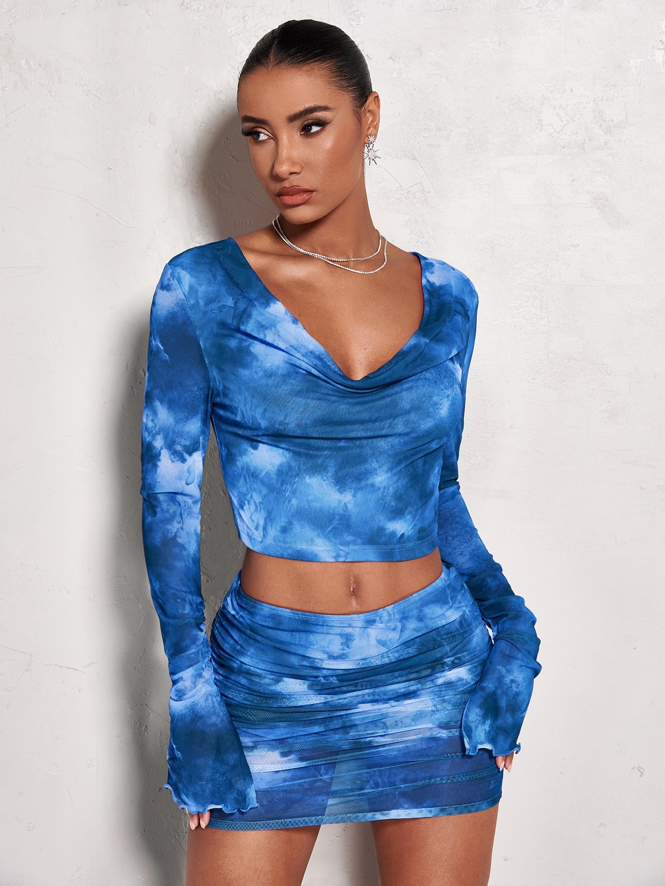 BAE Crop Top with Batik, Draped Collar, Flounce Sleeves