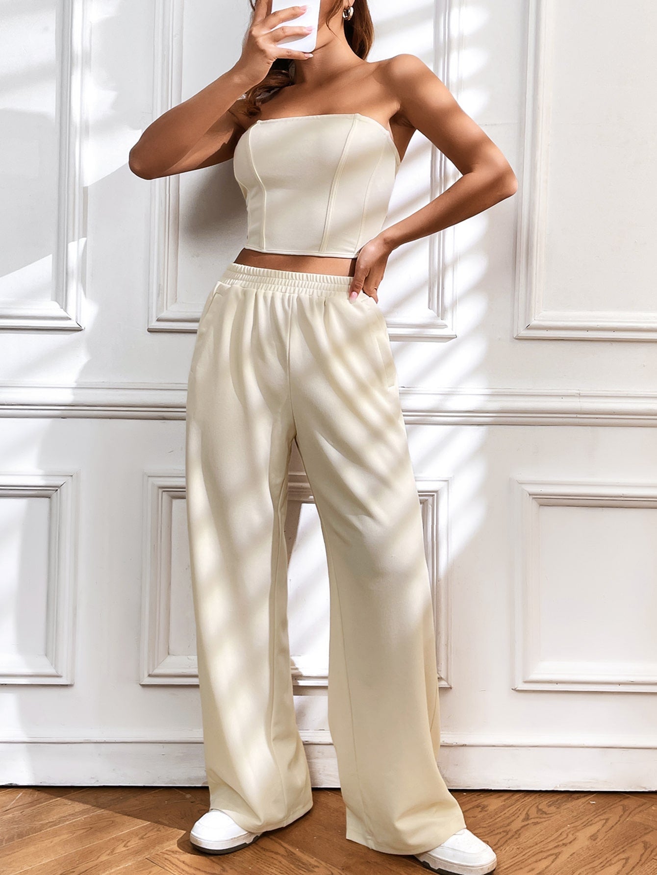 Crop tube top with back zip &amp; wide leg pants