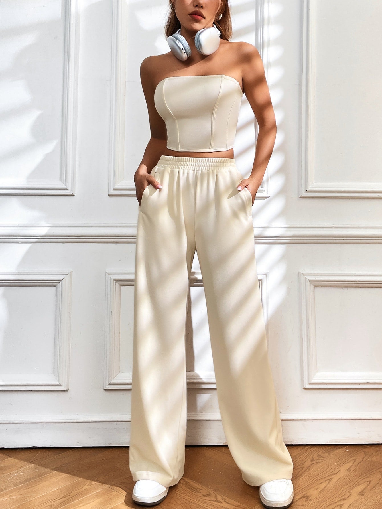 Crop tube top with back zip &amp; wide leg pants