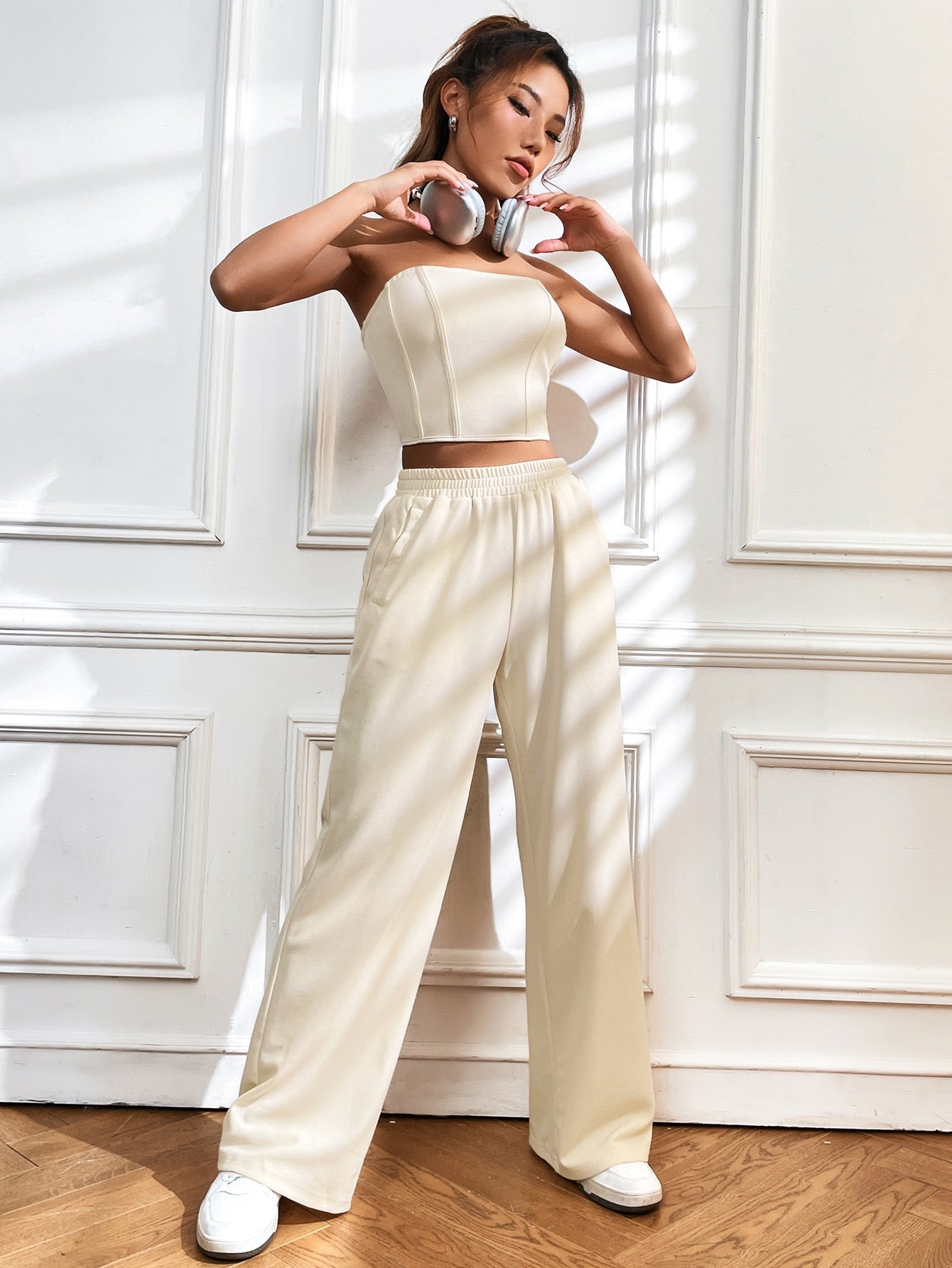 Crop tube top with back zip &amp; wide leg pants