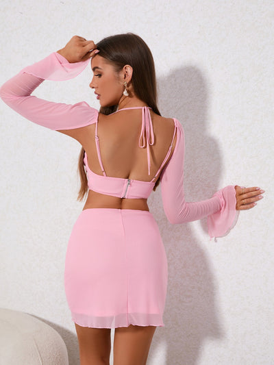 Crop Top with Tie Back, Split Sleeves, &amp; Figure-Hugging Skirt