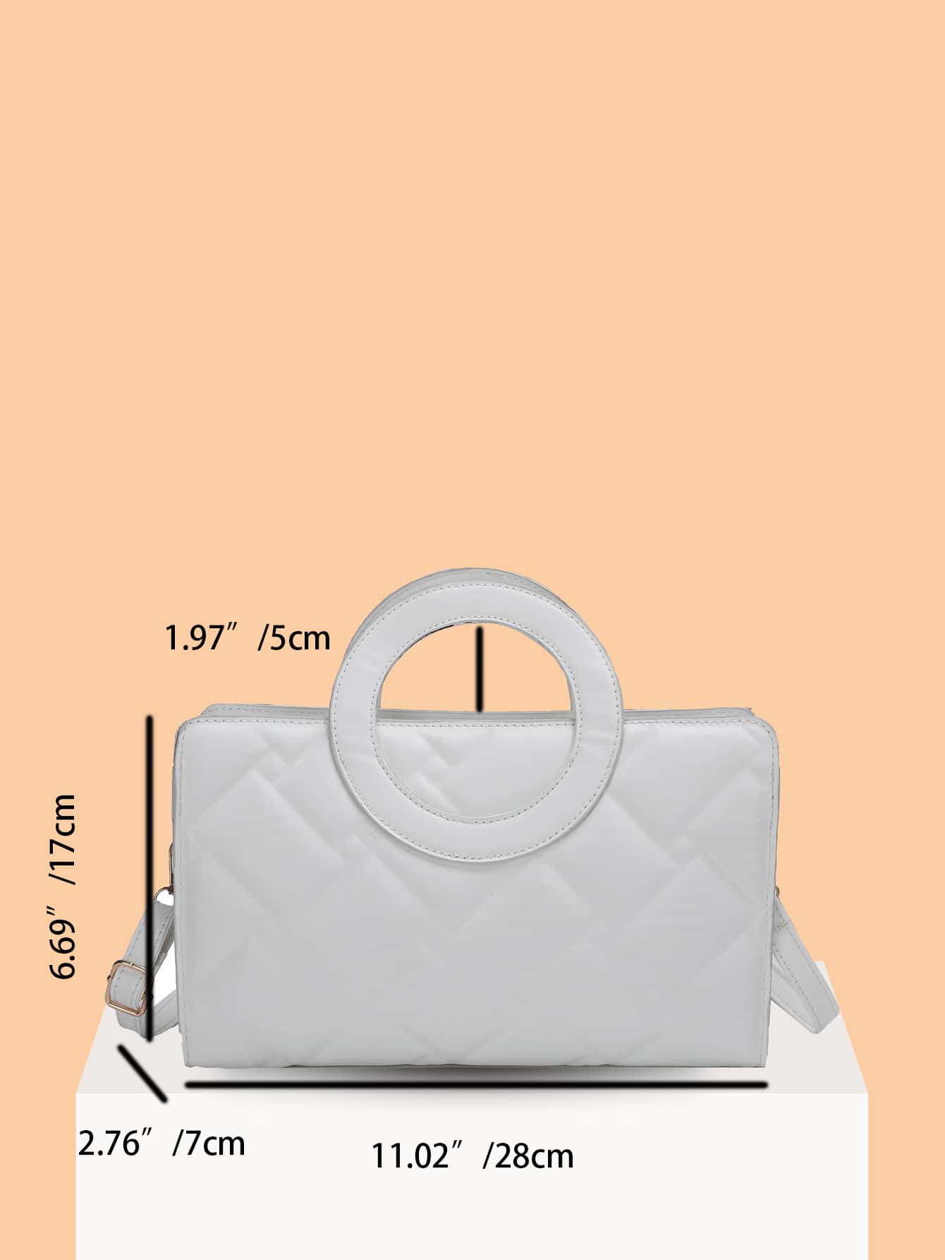 Square bag with metallic crocodile embossing, ring on top