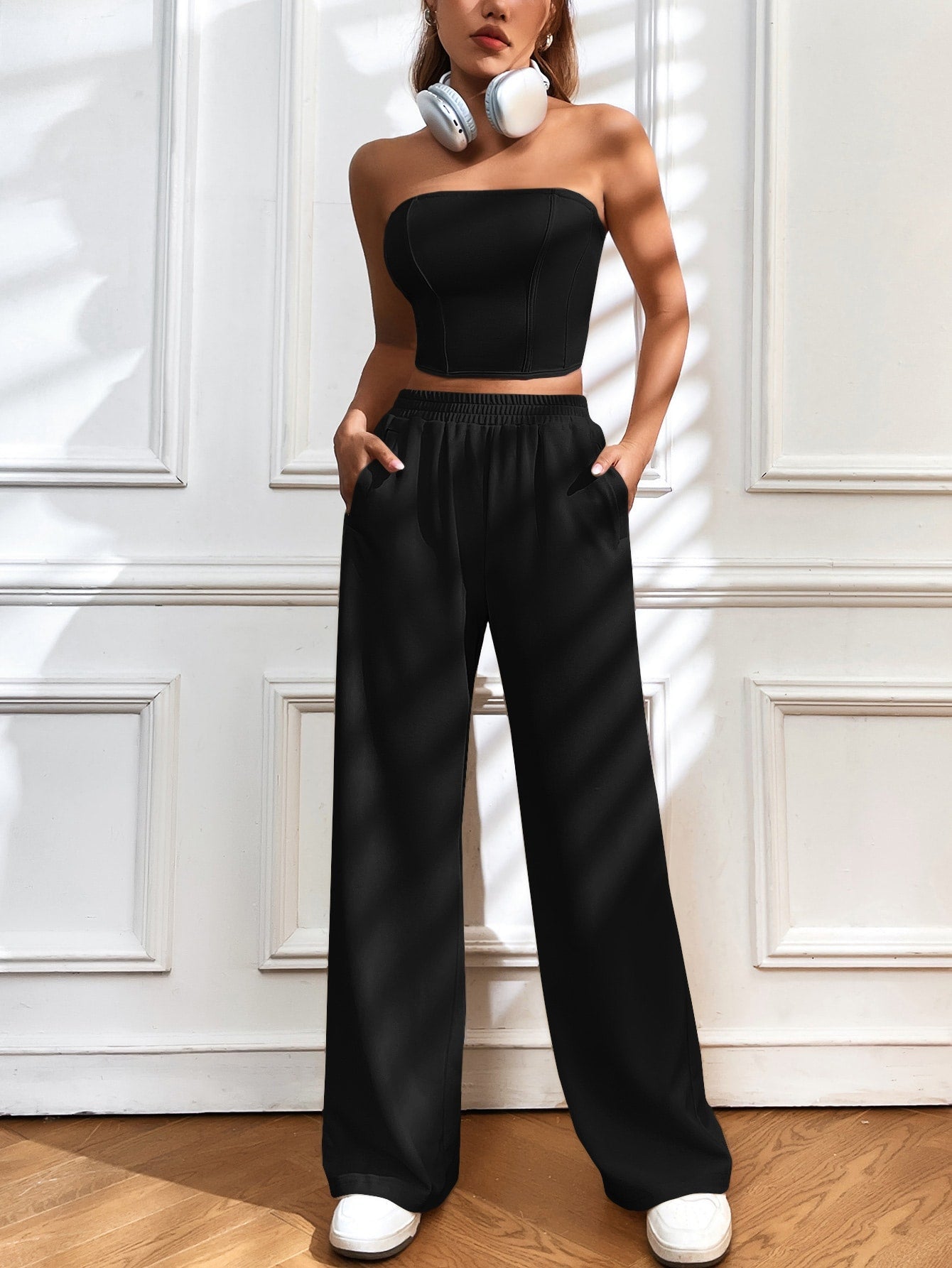 Crop tube top with back zip &amp; wide leg pants