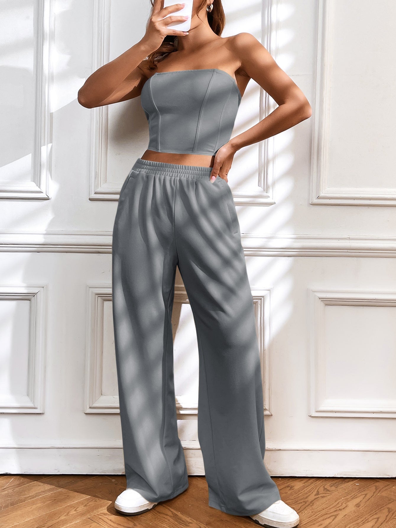 Crop tube top with back zip &amp; wide leg pants