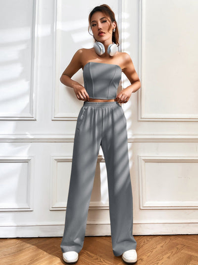 Crop tube top with back zip &amp; wide leg pants