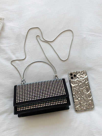 Square bag with mini rivets decor, chain, flap