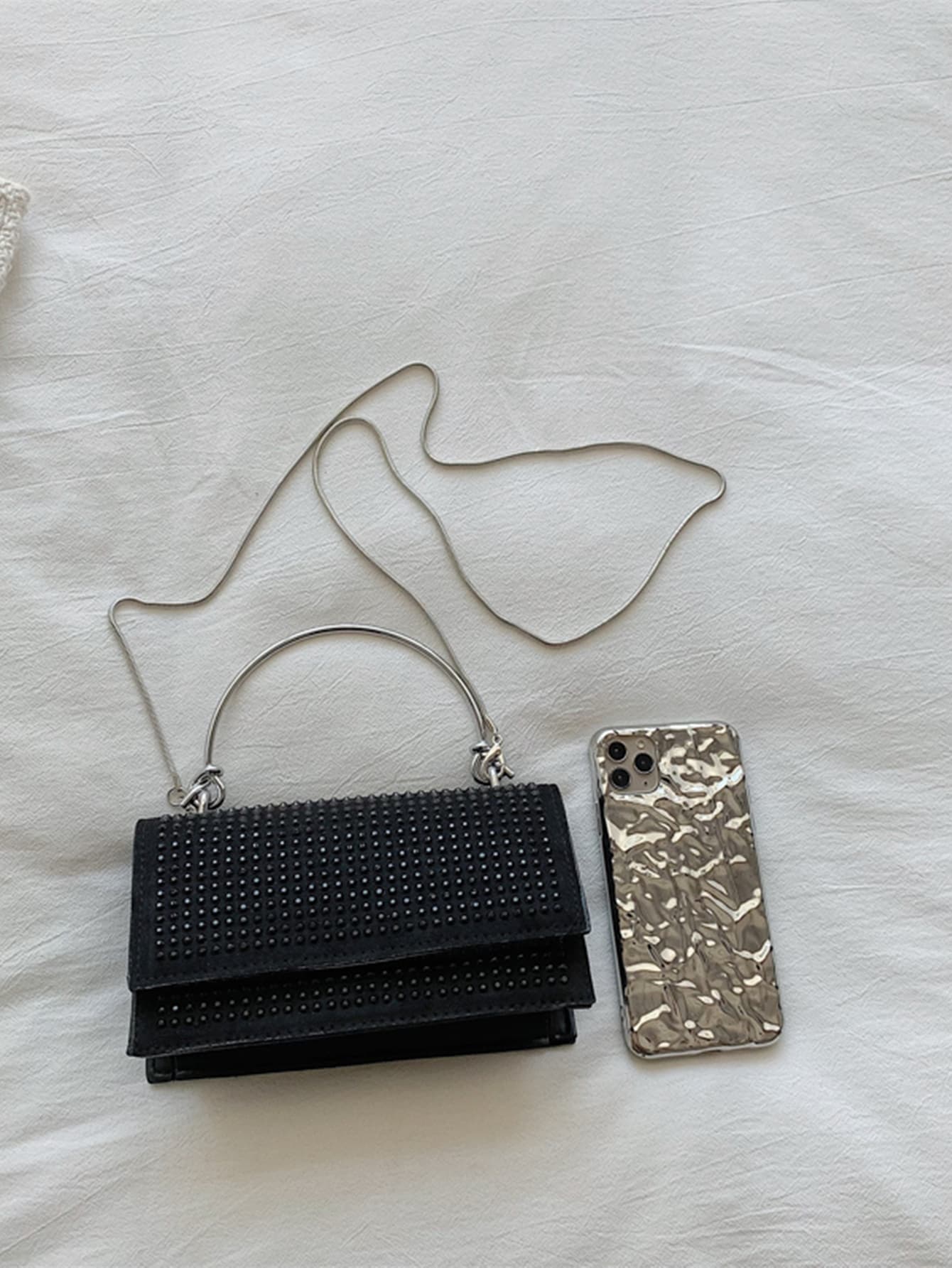 Square bag with mini rivets decor, chain, flap