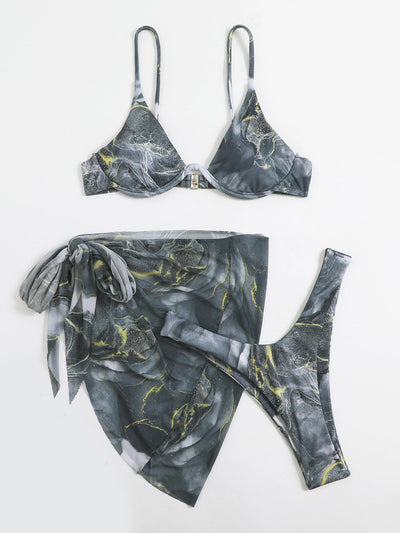 Marble Print Underwire Bikini &amp; Beach Skirt