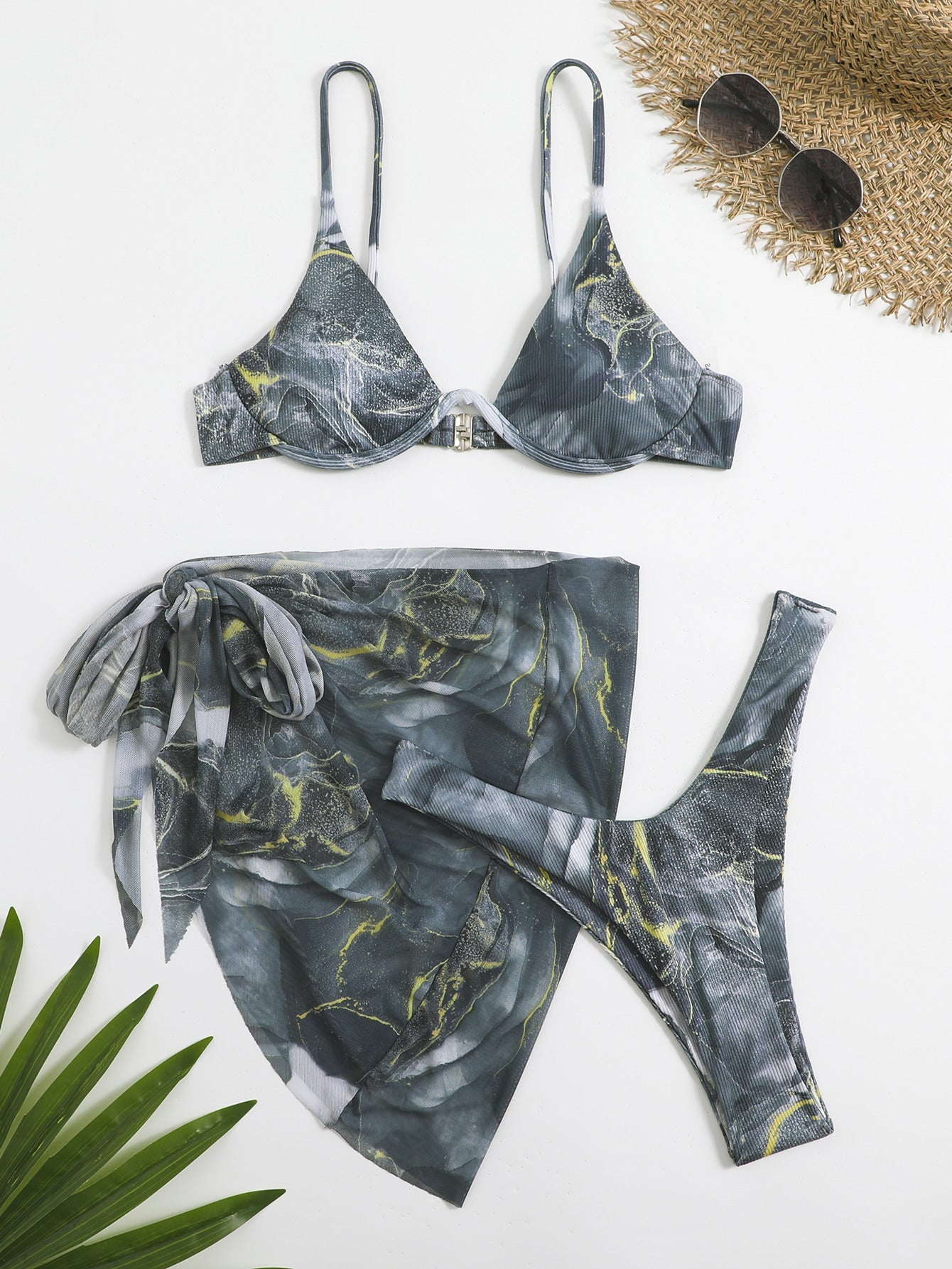 Marble Print Underwire Bikini &amp; Beach Skirt