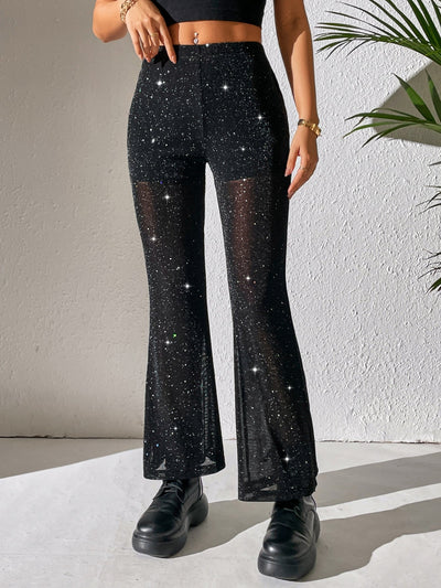 PETITE high waist flared trousers, glitter, mesh