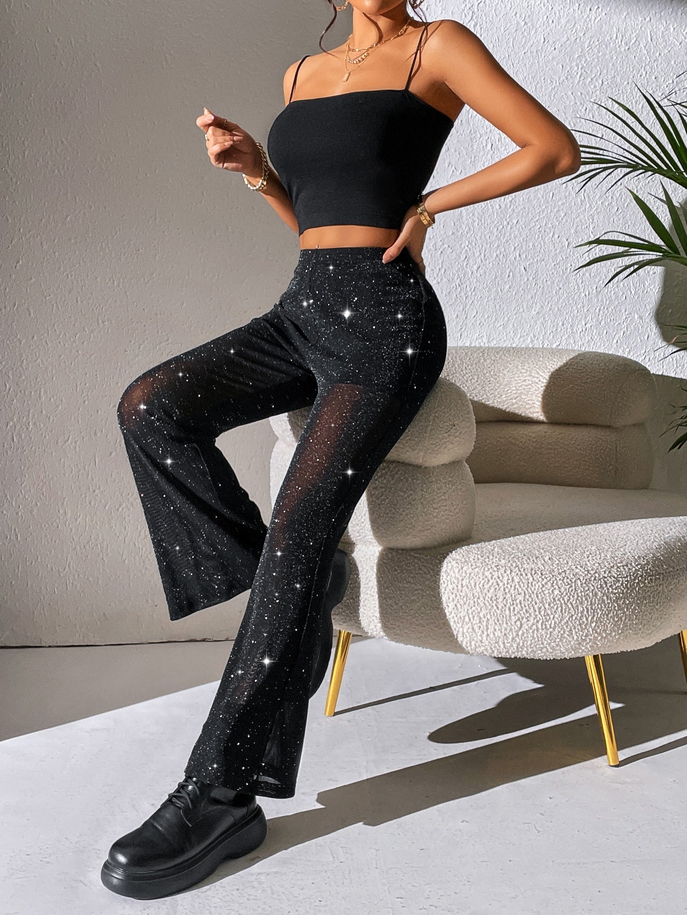 PETITE high waist flared trousers, glitter, mesh