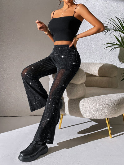 PETITE high waist flared trousers, glitter, mesh