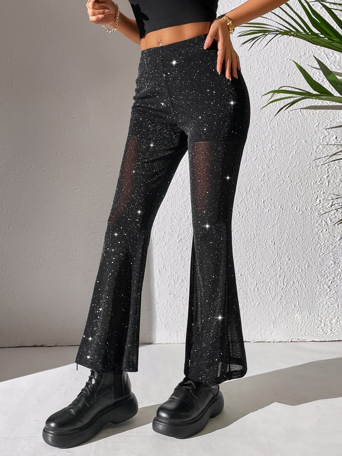 PETITE high waist flared trousers, glitter, mesh