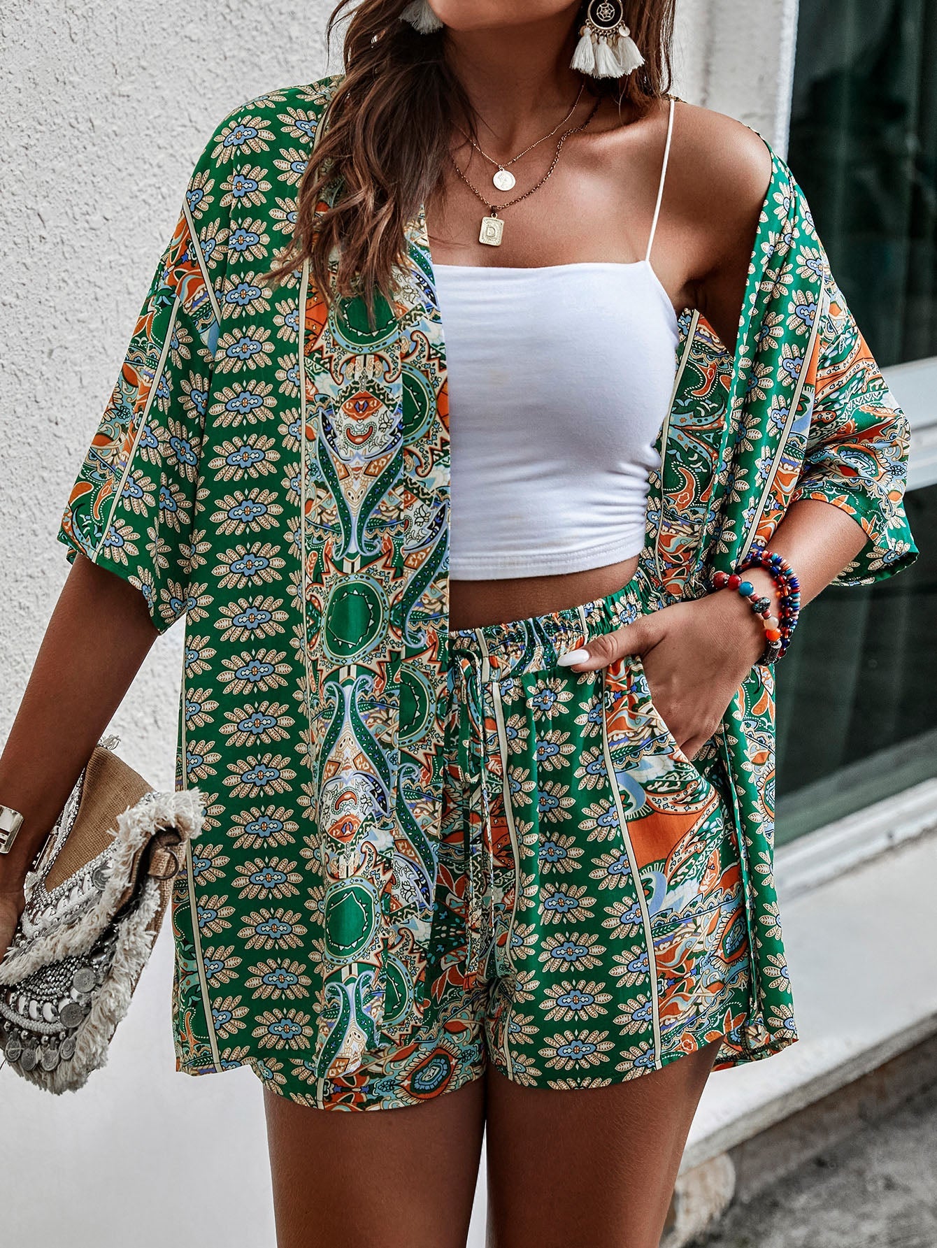 Paisley Pattern, Open Front, Kimono &amp; Shorts Set without Tube Top