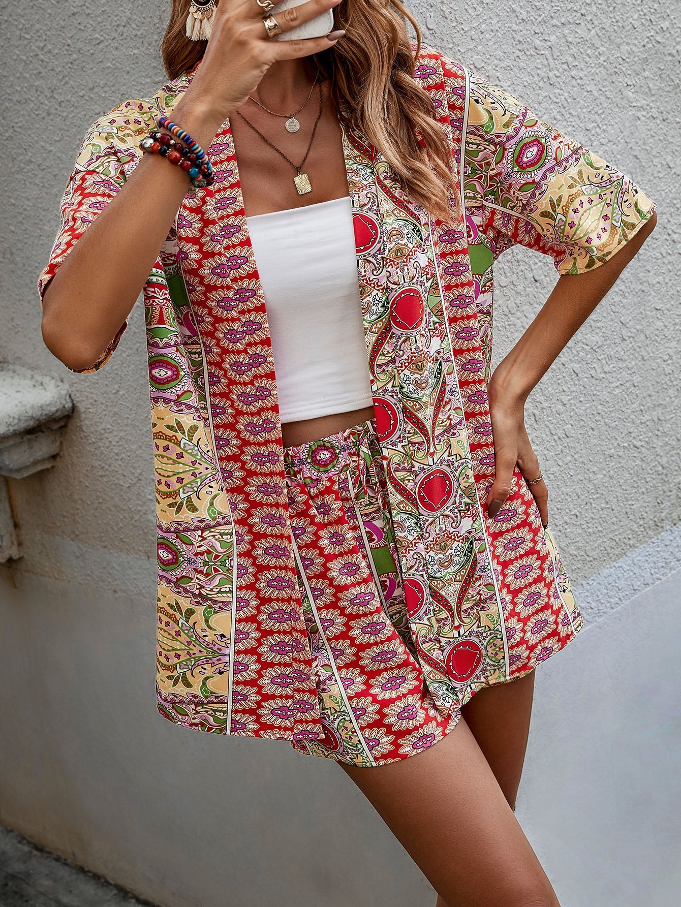 Paisley Pattern, Open Front, Kimono &amp; Shorts Set without Tube Top