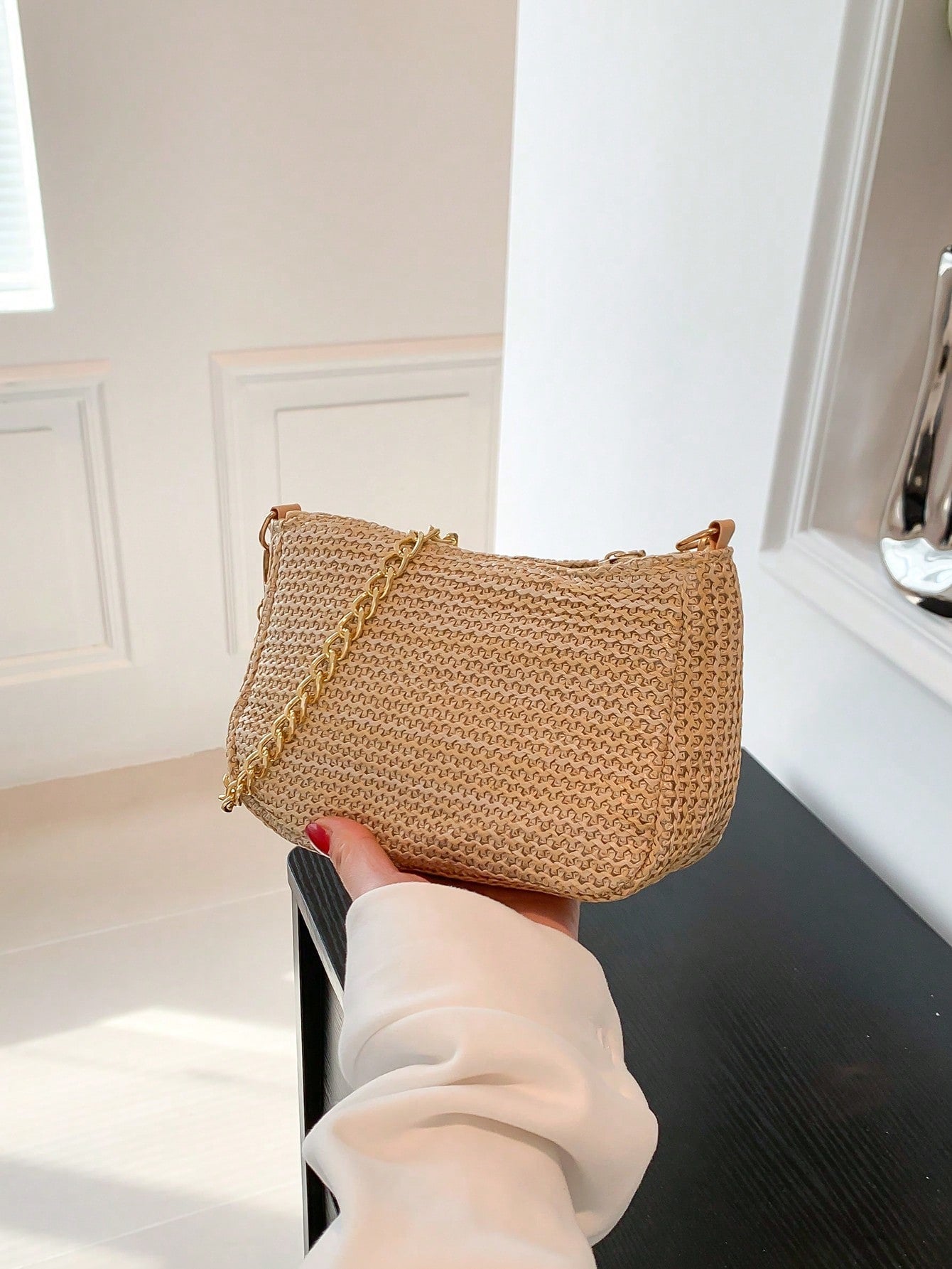 straw bag with mini chain