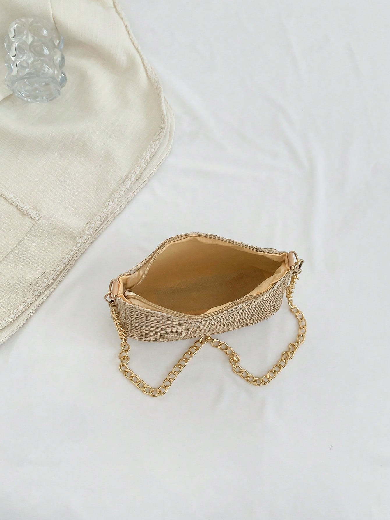 straw bag with mini chain