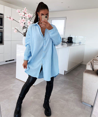 Oversize muslin blouse Freya light blue long