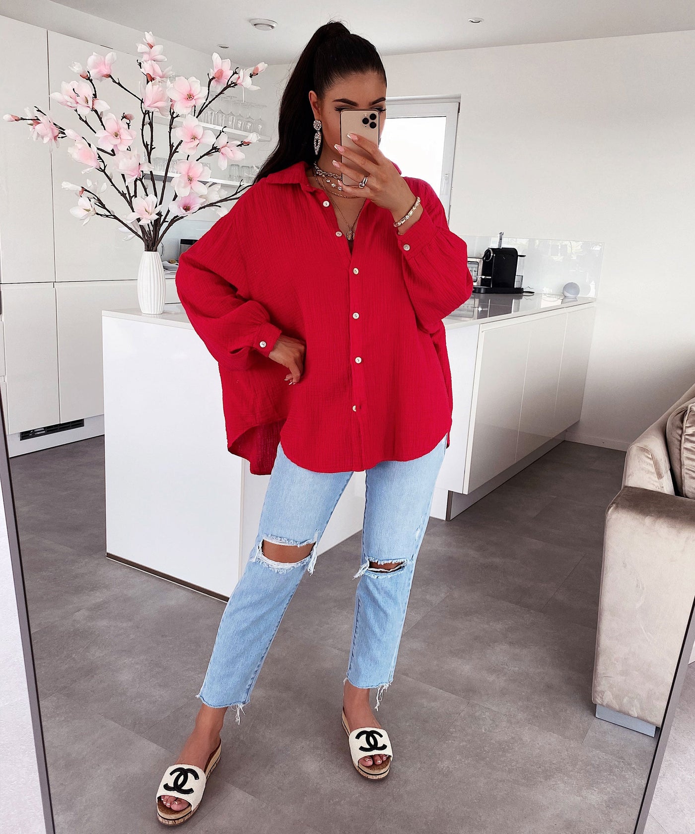 Oversize muslin blouse Freya red short