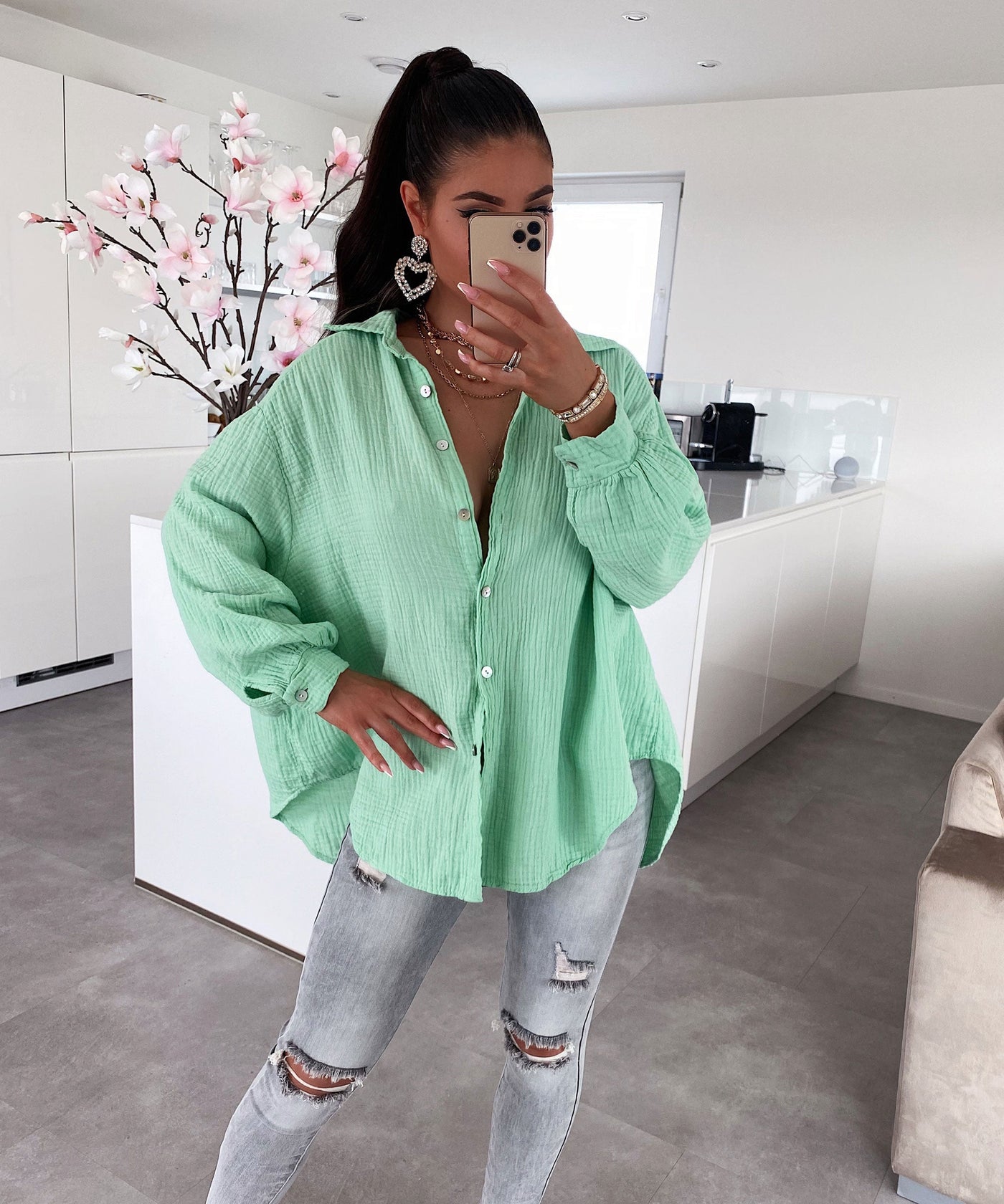 Oversize Muslin Blouse Freya Light Green Short