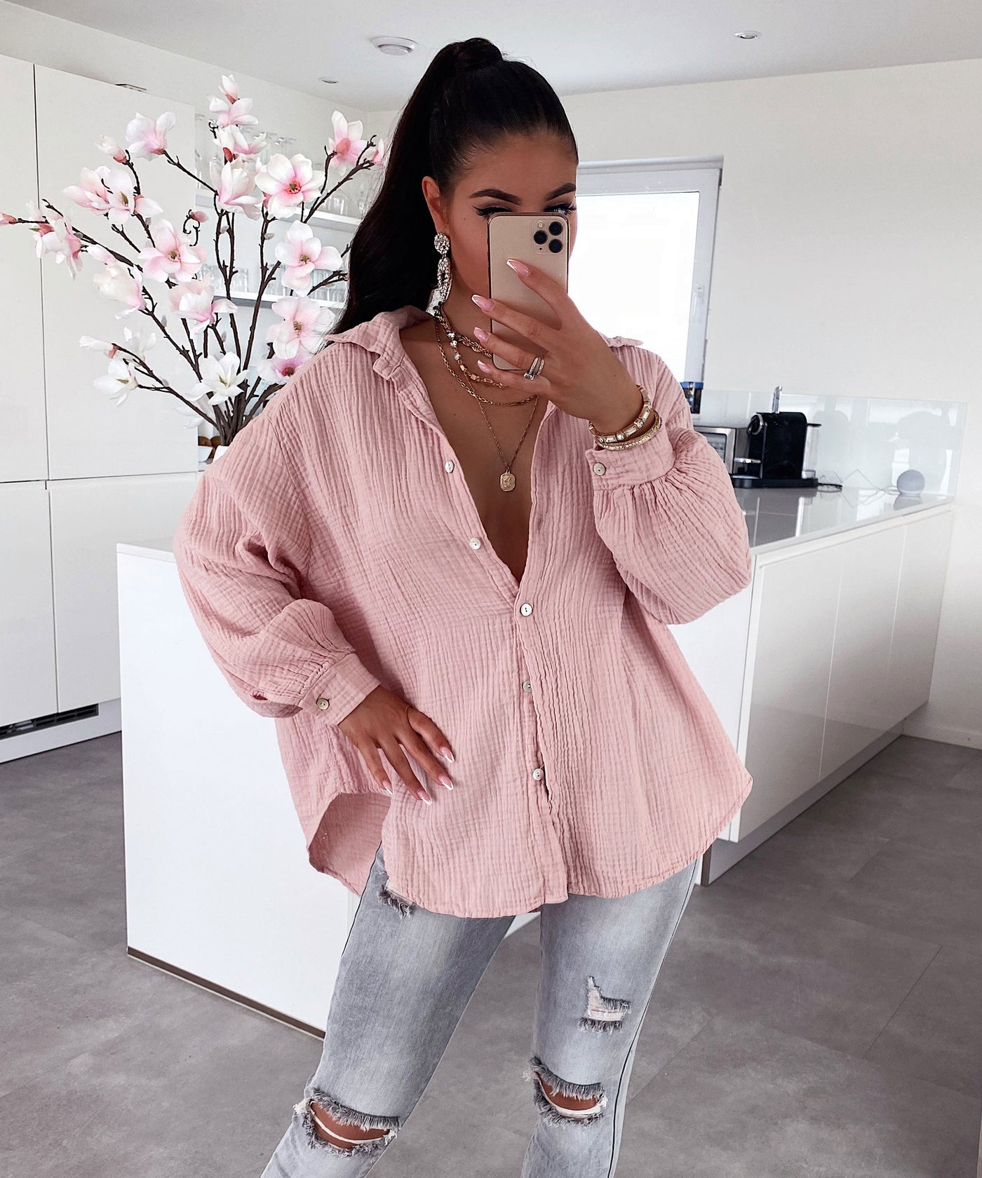 Oversize muslin blouse Freya pink short