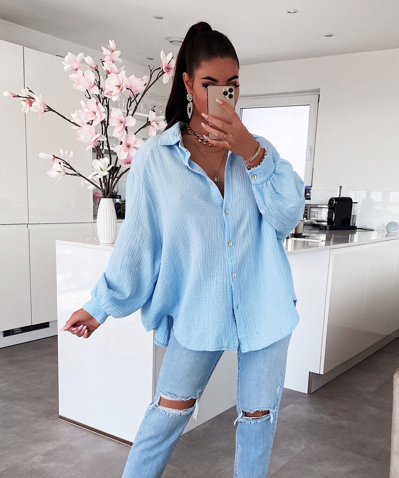 Oversize Muslin Blouse Freya Light Blue Short