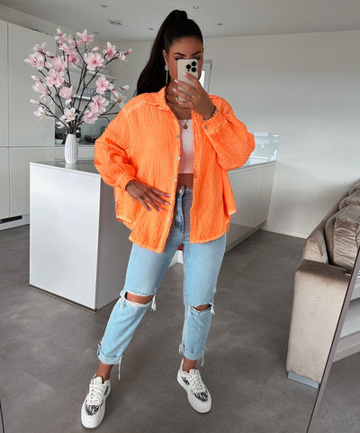 Oversize muslin blouse Freya neon orange short