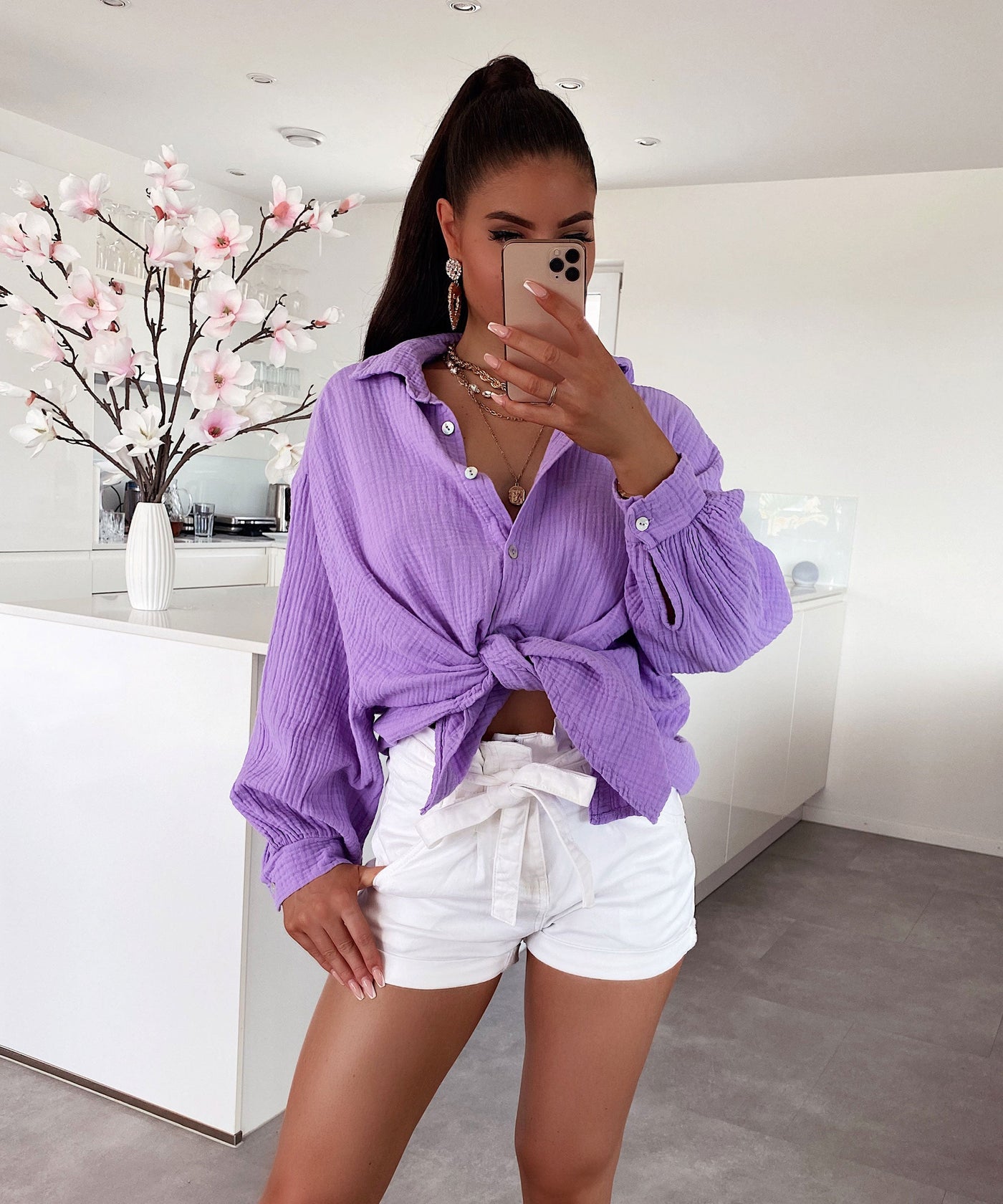 Oversize muslin blouse Freya purple short