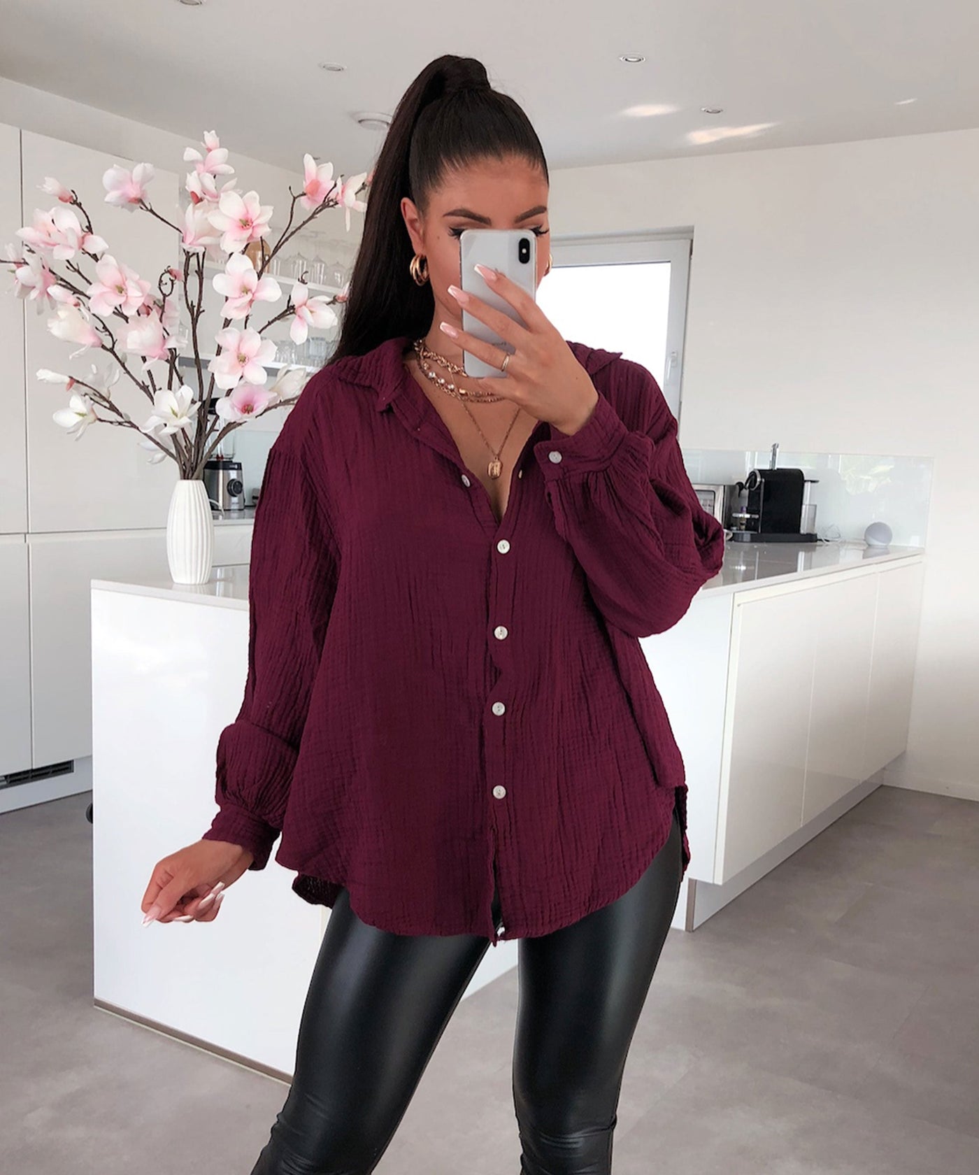 Oversize muslin blouse Freya Bordeaux short