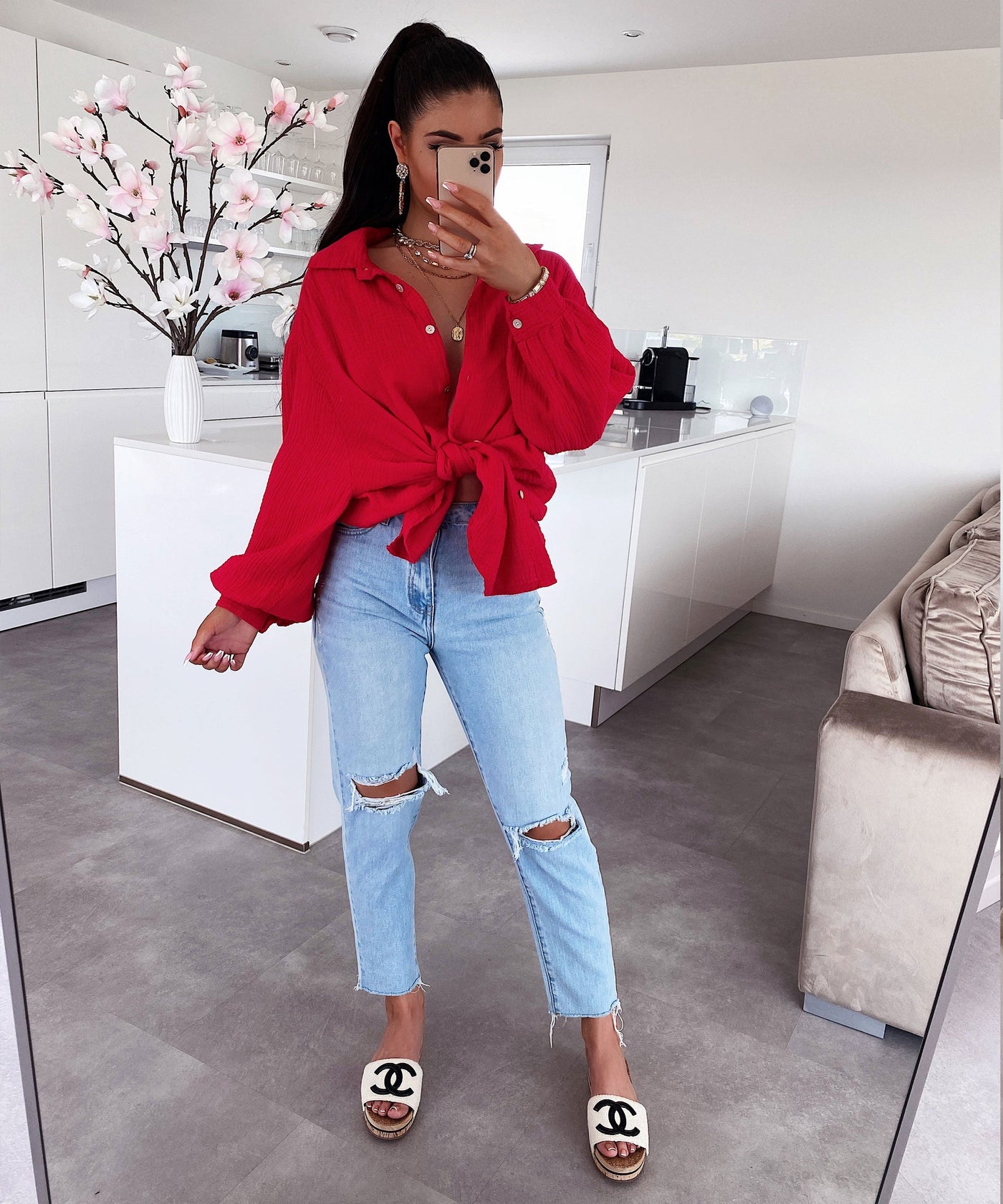 Oversize muslin blouse Freya red short