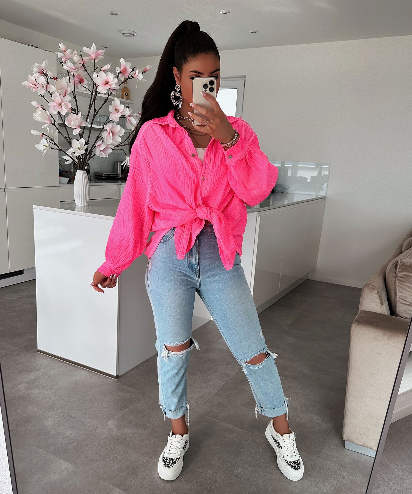 Oversize muslin blouse Freya neon pink short