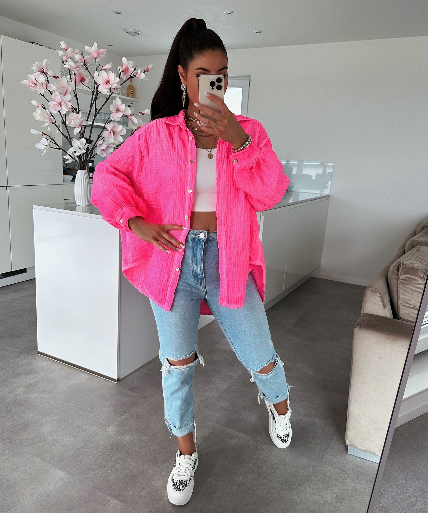 Oversize muslin blouse Freya neon pink short