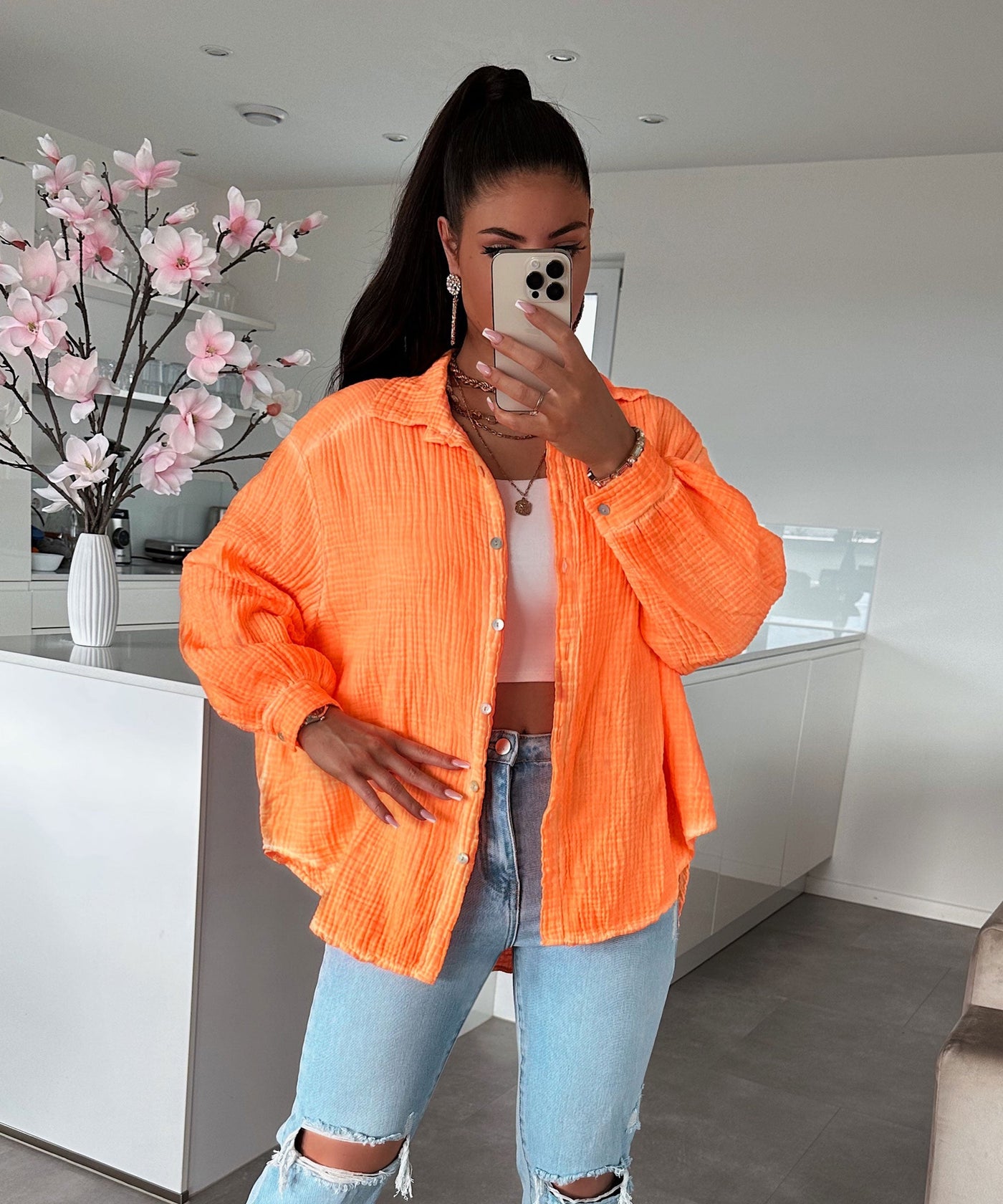 Oversize muslin blouse Freya neon orange short